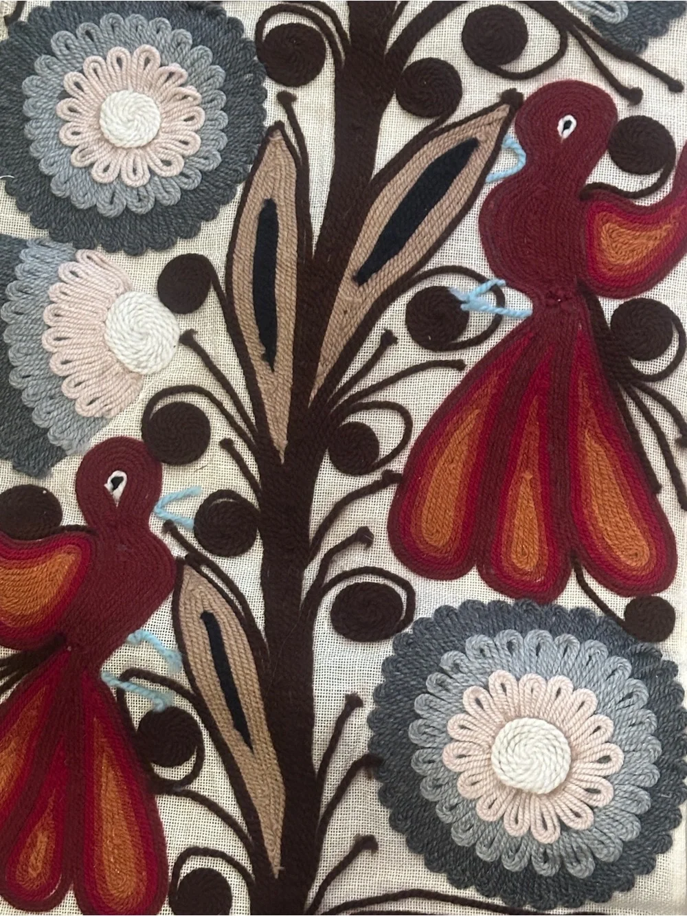 Vtg Embroidered Crewel Yarn Wall Runner Birds Folk Art Textile Tapestry READ 70